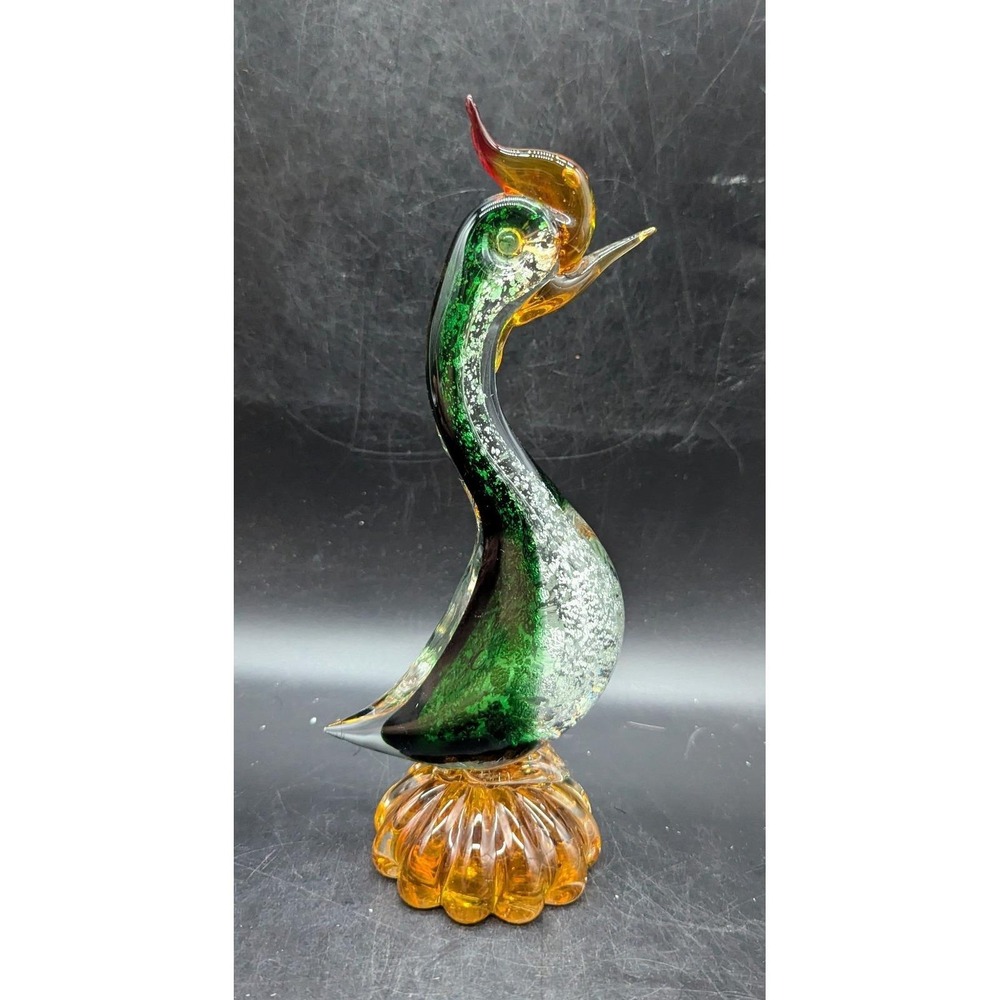 Vintage Murano Art Glass Rooster Figurine Sculpture Silver Flake Green Orange - Picture 6 of 10